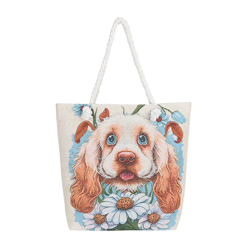 Τσαντα από καμβά με μοτίβο σκύλου, μεγάλη χωρητικότητα, ύφασμα βαμβακό-λινό, άνοιγμα με φερμουάρ, εσωτερικό τσεπάκι με φερμουάρ, διπλοί ιμάντες, ευέλικτη ως crossbody ή χειραποσκευή.
