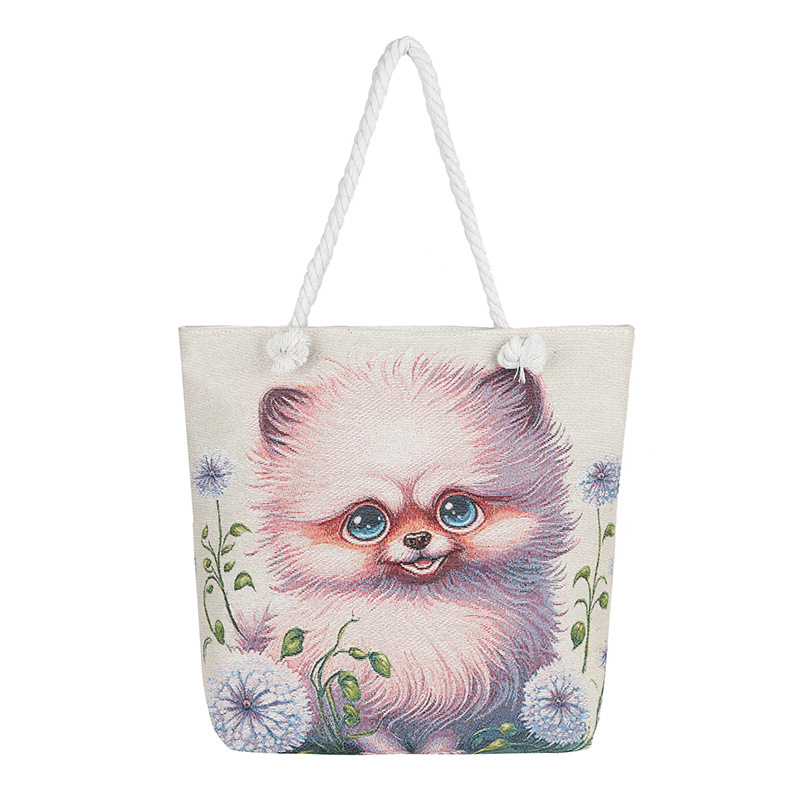 Τσαντα από καμβά με μοτίβο σκύλου, μεγάλη χωρητικότητα, ύφασμα βαμβακό-λινό, άνοιγμα με φερμουάρ, εσωτερικό τσεπάκι με φερμουάρ, διπλοί ιμάντες, ευέλικτη ως crossbody ή χειραποσκευή.