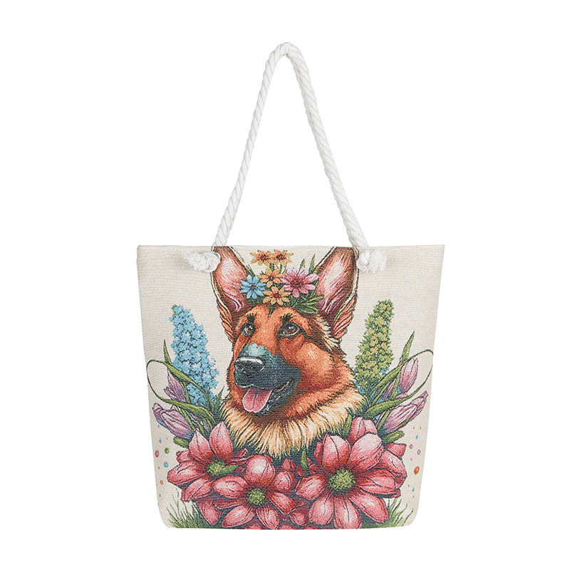 Τσαντα από καμβά με μοτίβο σκύλου, μεγάλη χωρητικότητα, ύφασμα βαμβακό-λινό, άνοιγμα με φερμουάρ, εσωτερικό τσεπάκι με φερμουάρ, διπλοί ιμάντες, ευέλικτη ως crossbody ή χειραποσκευή.