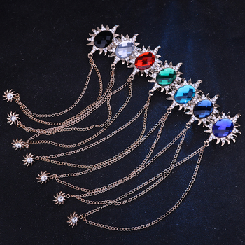 Мъжка брошка със слънчев мотив, дълга верига с ресничка и голям камък, сплав, електроплатина, SHUTOO