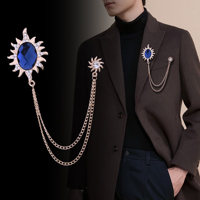 Мъжка брошка със слънчев мотив, дълга верига с ресничка и голям камък, сплав, електроплатина, SHUTOO