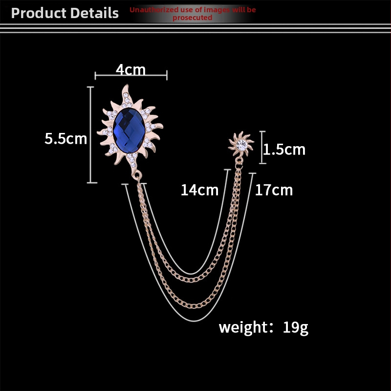 Pánska brošňa so slnečným motívom, s reťazovým strapcom a veľkým drahokamom, zliatina, elektroplatina, SHUTOO