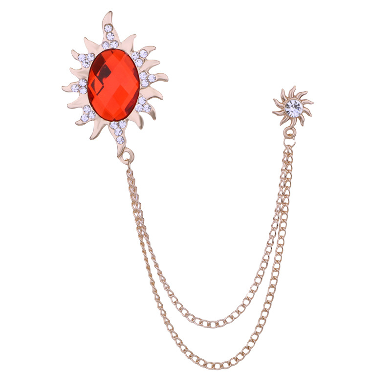 Мъжка брошка със слънчев мотив, дълга верига с ресничка и голям камък, сплав, електроплатина, SHUTOO