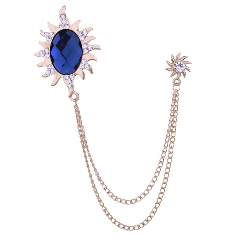 Мъжка брошка със слънчев мотив, дълга верига с ресничка и голям камък, сплав, електроплатина, SHUTOO
