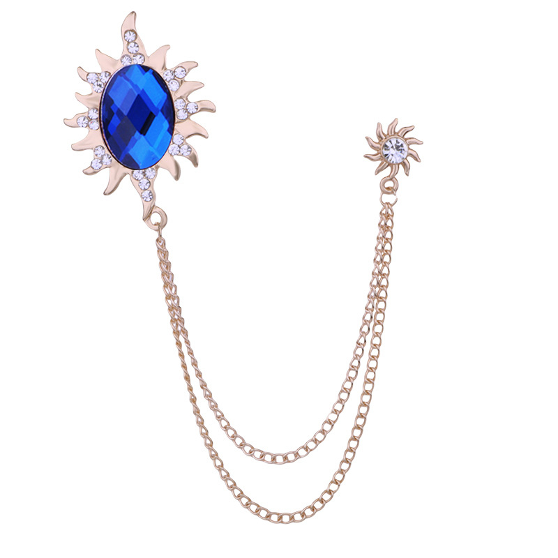 Мъжка брошка със слънчев мотив, дълга верига с ресничка и голям камък, сплав, електроплатина, SHUTOO