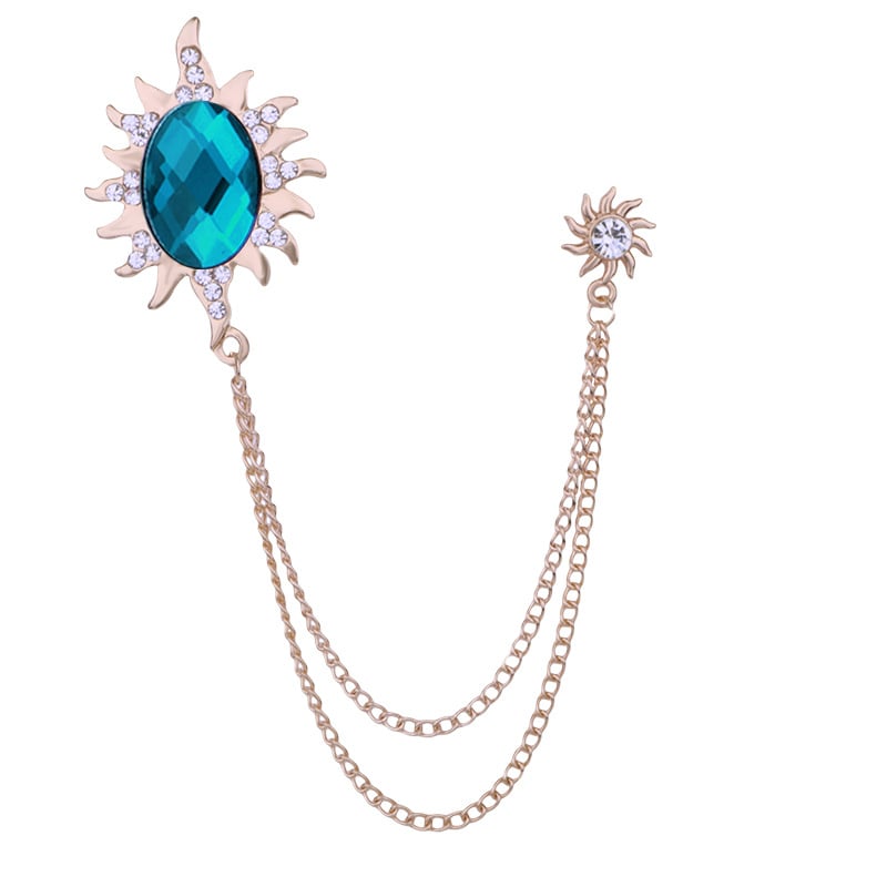 Мъжка брошка със слънчев мотив, дълга верига с ресничка и голям камък, сплав, електроплатина, SHUTOO