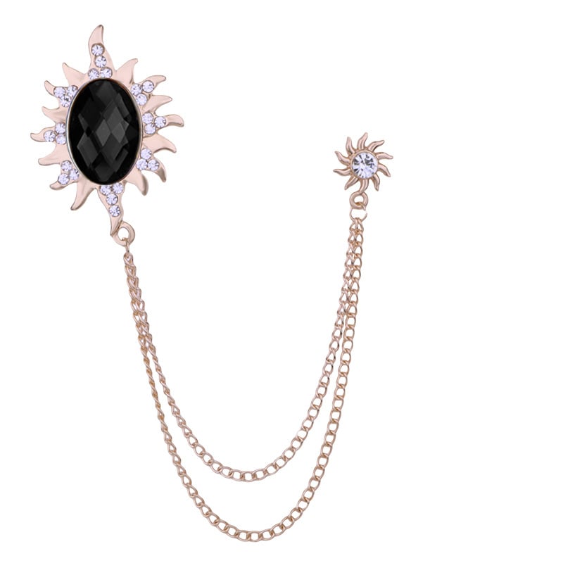 Мъжка брошка със слънчев мотив, дълга верига с ресничка и голям камък, сплав, електроплатина, SHUTOO
