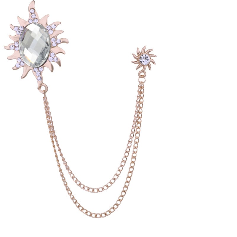 Мъжка брошка със слънчев мотив, дълга верига с ресничка и голям камък, сплав, електроплатина, SHUTOO