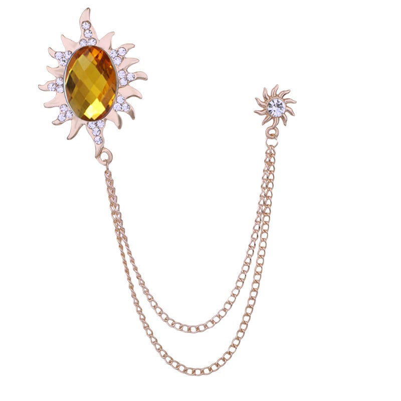 Мъжка брошка със слънчев мотив, дълга верига с ресничка и голям камък, сплав, електроплатина, SHUTOO