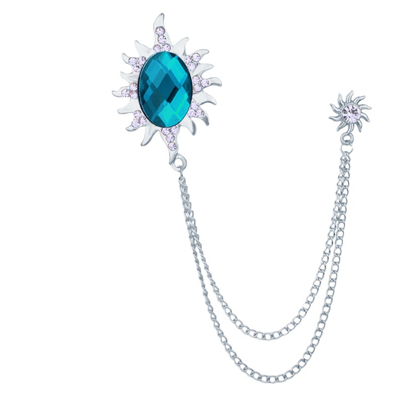 Мъжка брошка със слънчев мотив, дълга верига с ресничка и голям камък, сплав, електроплатина, SHUTOO