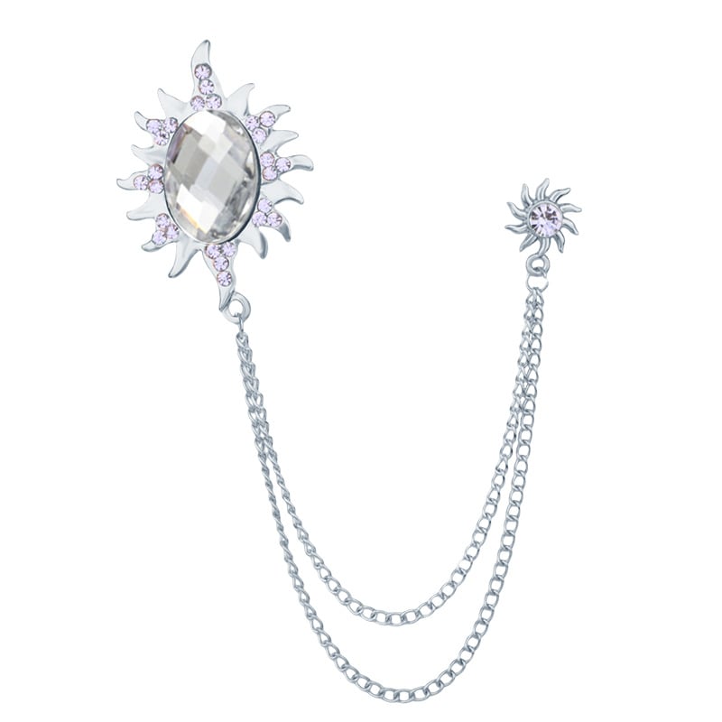 Мъжка брошка със слънчев мотив, дълга верига с ресничка и голям камък, сплав, електроплатина, SHUTOO