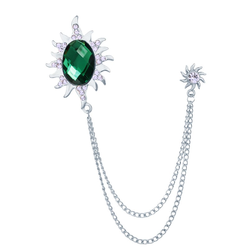 Мъжка брошка със слънчев мотив, дълга верига с ресничка и голям камък, сплав, електроплатина, SHUTOO