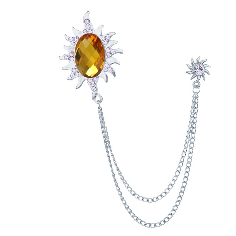 Мъжка брошка със слънчев мотив, дълга верига с ресничка и голям камък, сплав, електроплатина, SHUTOO