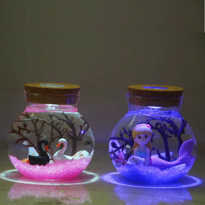 Kit DIY pentru peisaj submarin într-o sticlă din borosilicat înalt, cu LED-uri – design geometric, turnare prin suflare, suprafață lustruită