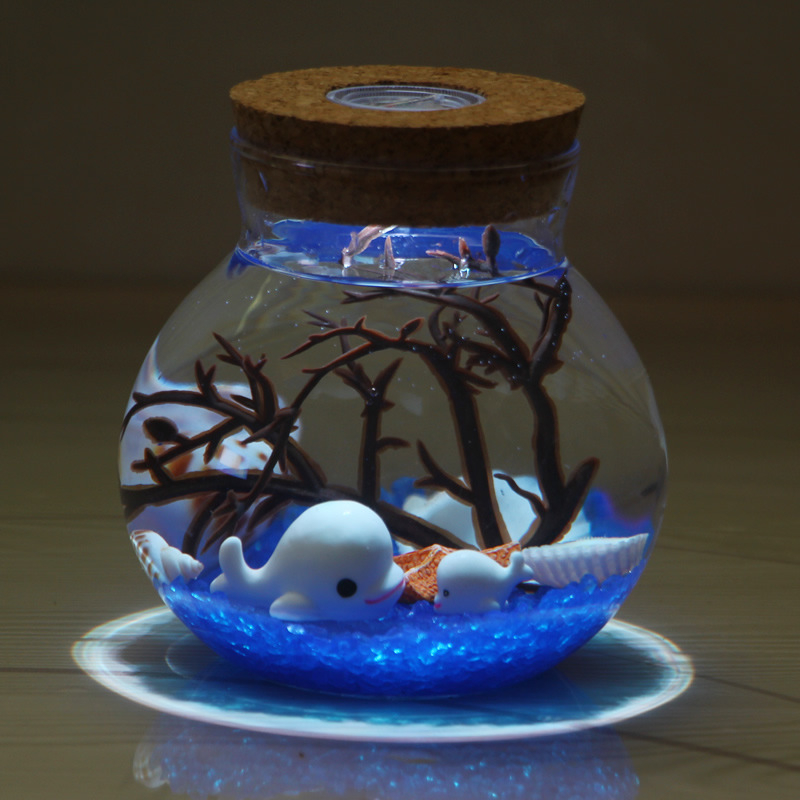 Kit DIY pentru peisaj submarin într-o sticlă din borosilicat înalt, cu LED-uri – design geometric, turnare prin suflare, suprafață lustruită