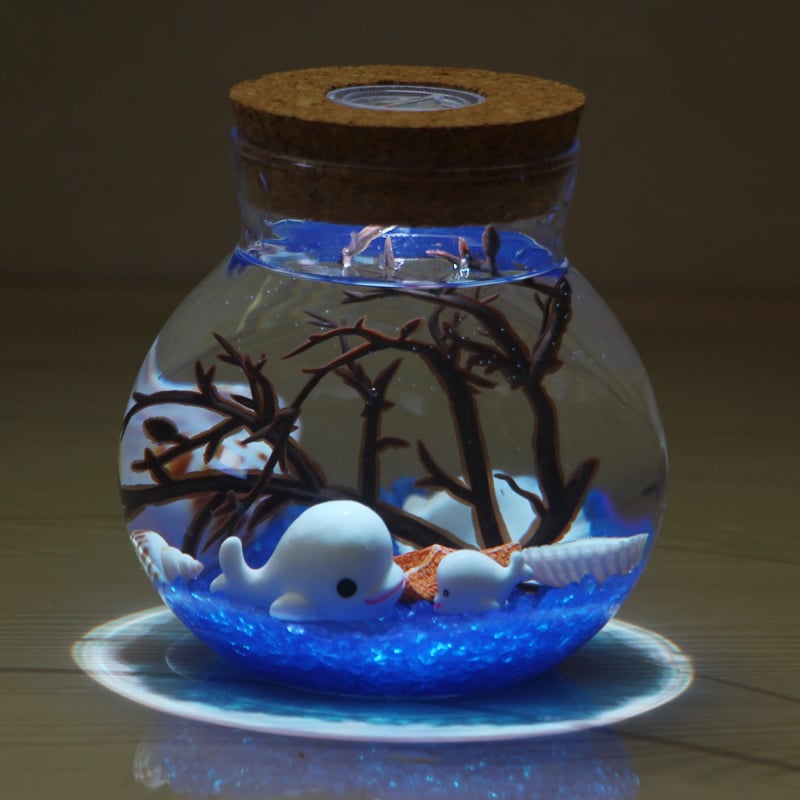 Kit DIY pentru peisaj submarin într-o sticlă din borosilicat înalt, cu LED-uri – design geometric, turnare prin suflare, suprafață lustruită