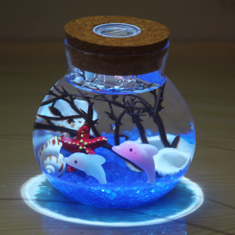 Kit DIY pentru peisaj submarin într-o sticlă din borosilicat înalt, cu LED-uri – design geometric, turnare prin suflare, suprafață lustruită