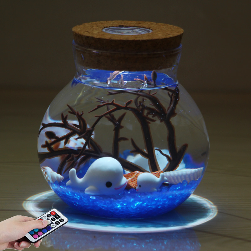 Kit DIY pentru peisaj submarin într-o sticlă din borosilicat înalt, cu LED-uri – design geometric, turnare prin suflare, suprafață lustruită