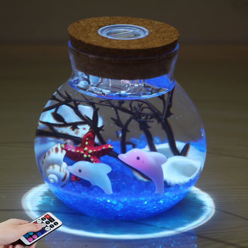 Kit DIY pentru peisaj submarin într-o sticlă din borosilicat înalt, cu LED-uri – design geometric, turnare prin suflare, suprafață lustruită