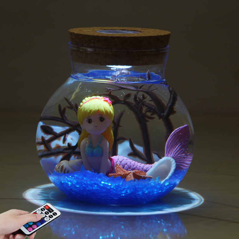 Kit DIY pentru peisaj submarin într-o sticlă din borosilicat înalt, cu LED-uri – design geometric, turnare prin suflare, suprafață lustruită