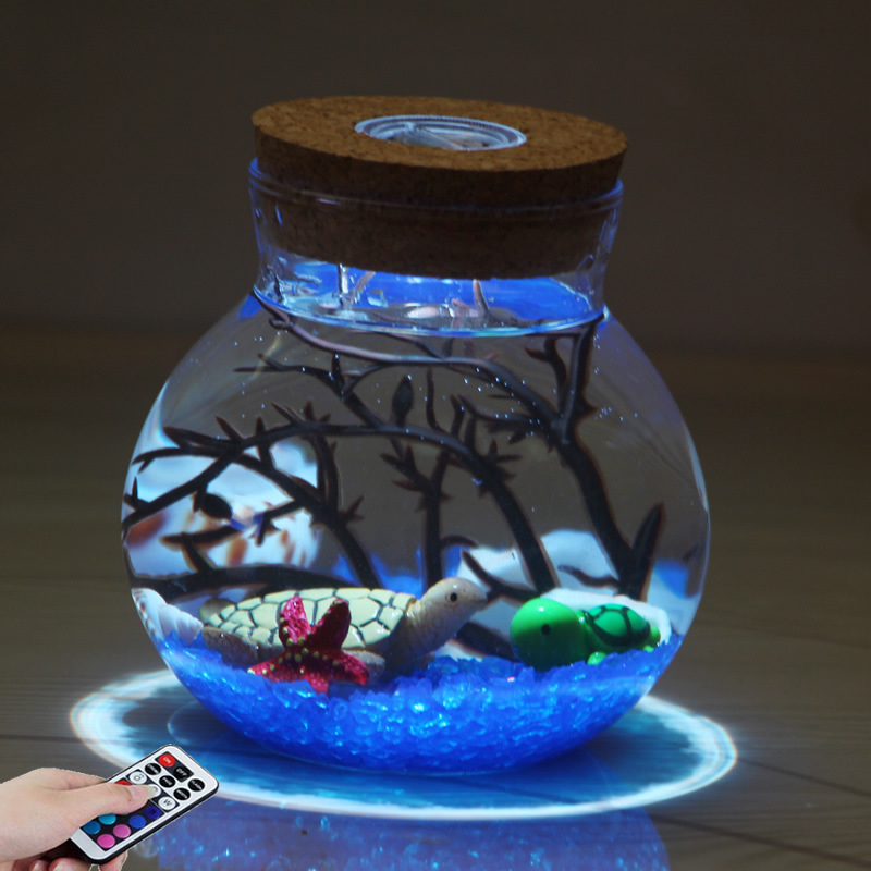 Kit DIY pentru peisaj submarin într-o sticlă din borosilicat înalt, cu LED-uri – design geometric, turnare prin suflare, suprafață lustruită