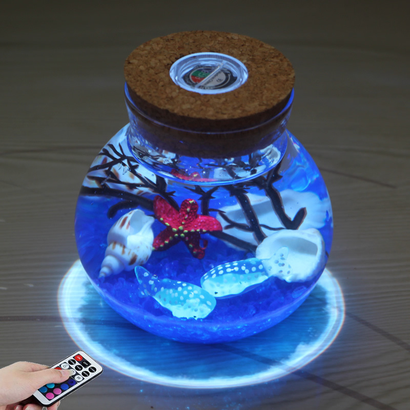 Kit DIY pentru peisaj submarin într-o sticlă din borosilicat înalt, cu LED-uri – design geometric, turnare prin suflare, suprafață lustruită