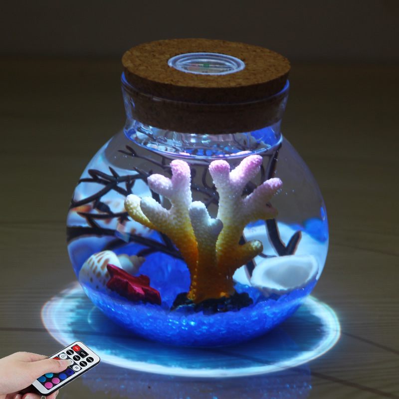 Kit DIY pentru peisaj submarin într-o sticlă din borosilicat înalt, cu LED-uri – design geometric, turnare prin suflare, suprafață lustruită