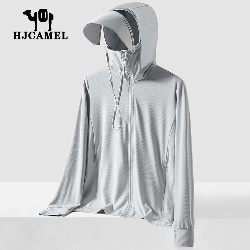 Jachetă de protecție UV pentru bărbați, cu glugă, ușoară și respirabilă, cu margine detașabilă, UPF50+, din poliester