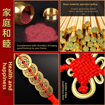 Ornament de pat din alamă, în stil chinezesc, cu motiv dovleac și pandantiv cu monedele celor Cinci Împărați