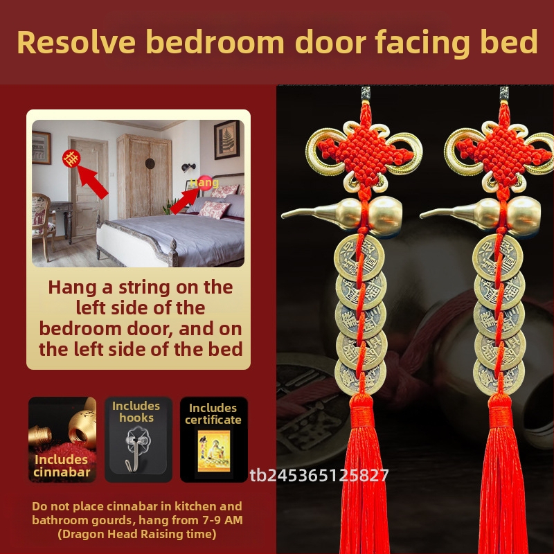 Ornament de pat din alamă, în stil chinezesc, cu motiv dovleac și pandantiv cu monedele celor Cinci Împărați