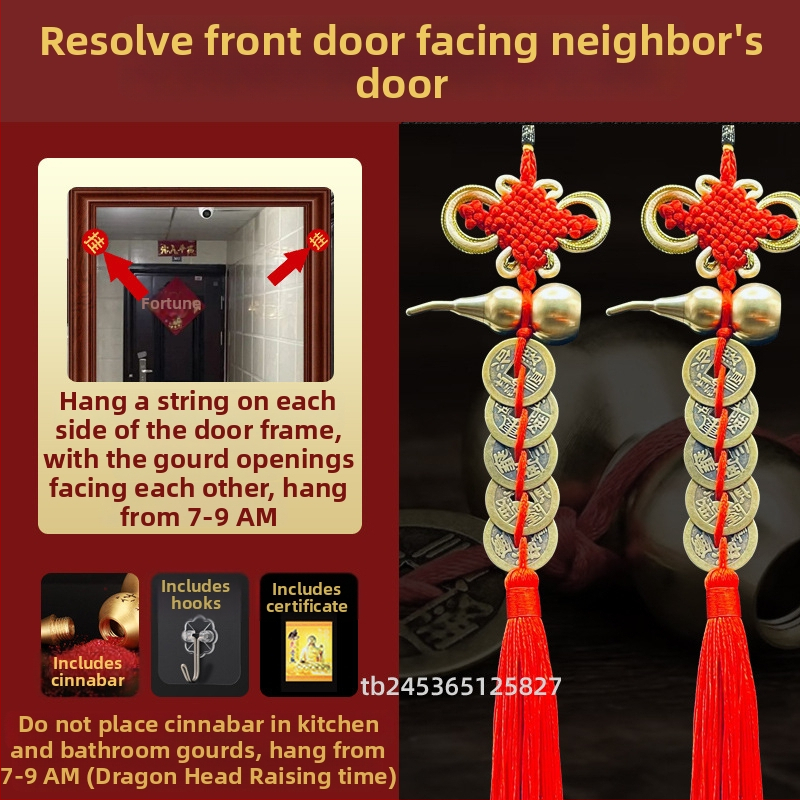 Ornament de pat din alamă, în stil chinezesc, cu motiv dovleac și pandantiv cu monedele celor Cinci Împărați