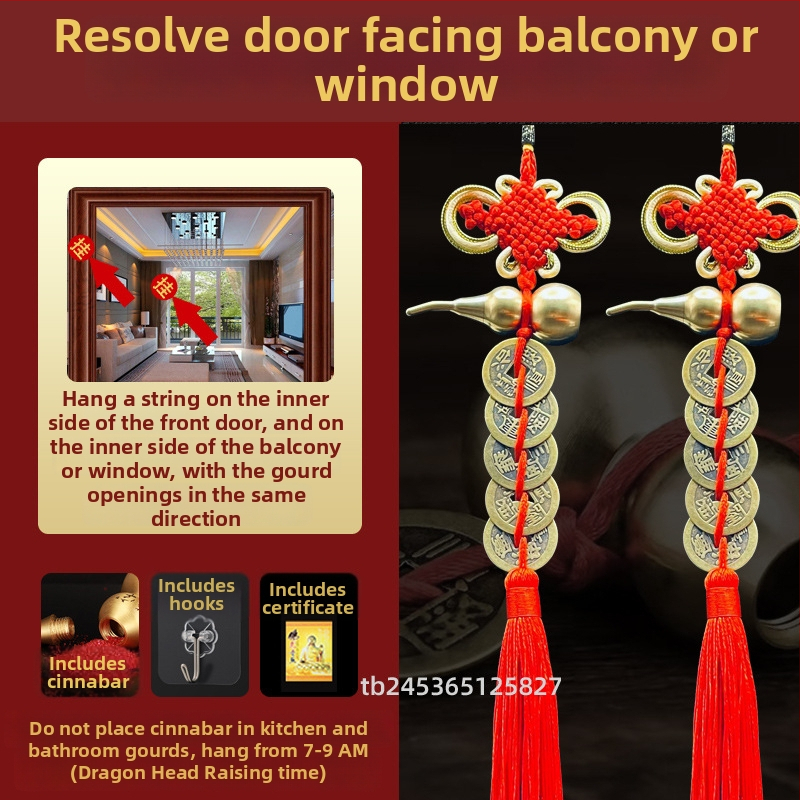 Ornament de pat din alamă, în stil chinezesc, cu motiv dovleac și pandantiv cu monedele celor Cinci Împărați