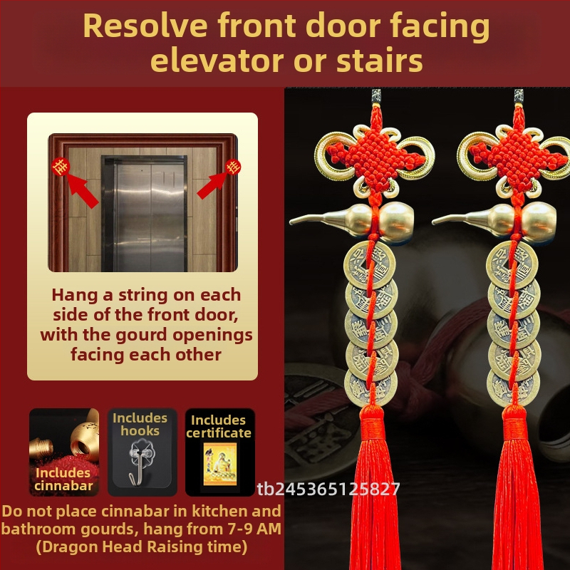 Ornament de pat din alamă, în stil chinezesc, cu motiv dovleac și pandantiv cu monedele celor Cinci Împărați