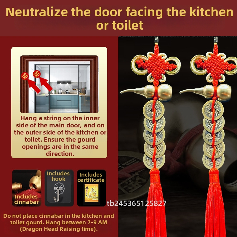 Ornament de pat din alamă, în stil chinezesc, cu motiv dovleac și pandantiv cu monedele celor Cinci Împărați