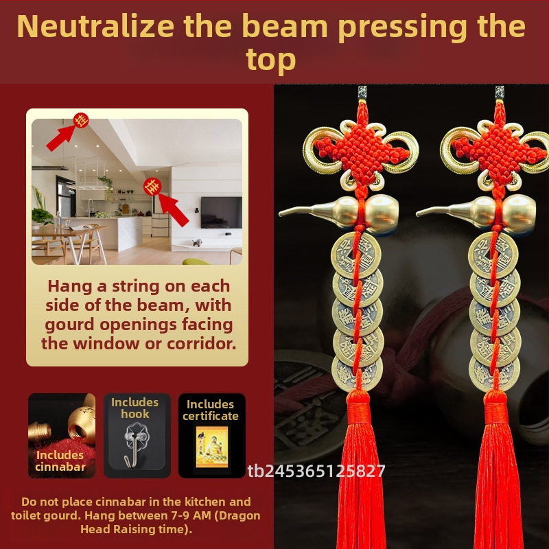 Ornament de pat din alamă, în stil chinezesc, cu motiv dovleac și pandantiv cu monedele celor Cinci Împărați