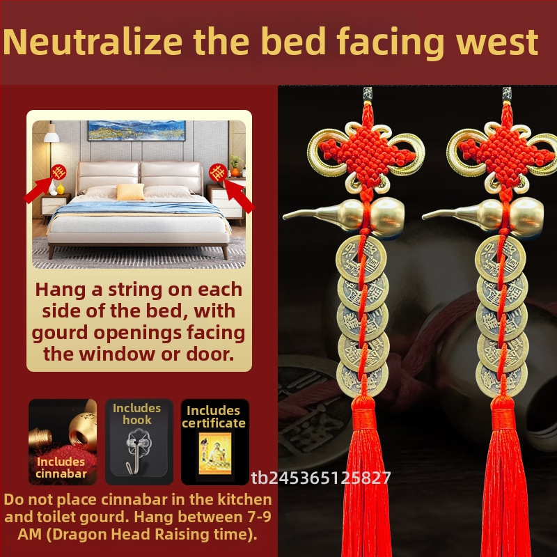 Ornament de pat din alamă, în stil chinezesc, cu motiv dovleac și pandantiv cu monedele celor Cinci Împărați