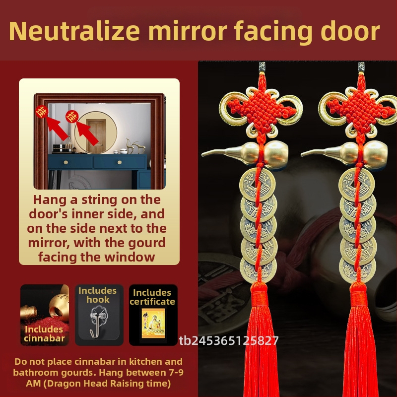 Ornament de pat din alamă, în stil chinezesc, cu motiv dovleac și pandantiv cu monedele celor Cinci Împărați