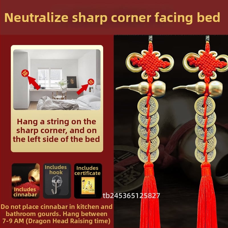 Ornament de pat din alamă, în stil chinezesc, cu motiv dovleac și pandantiv cu monedele celor Cinci Împărați