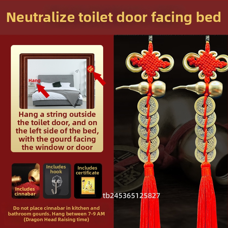 Ornament de pat din alamă, în stil chinezesc, cu motiv dovleac și pandantiv cu monedele celor Cinci Împărați