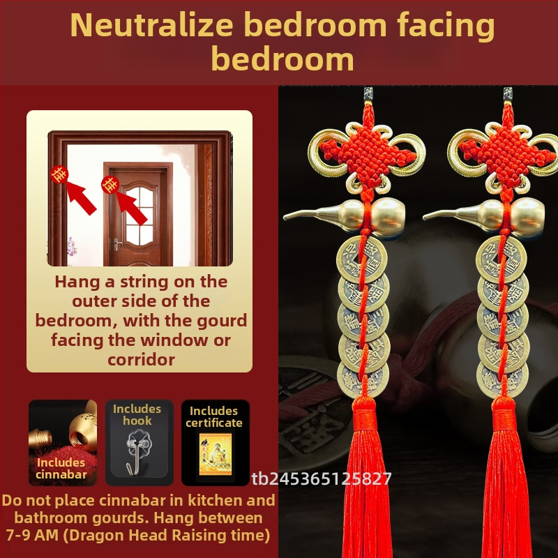 Ornament de pat din alamă, în stil chinezesc, cu motiv dovleac și pandantiv cu monedele celor Cinci Împărați