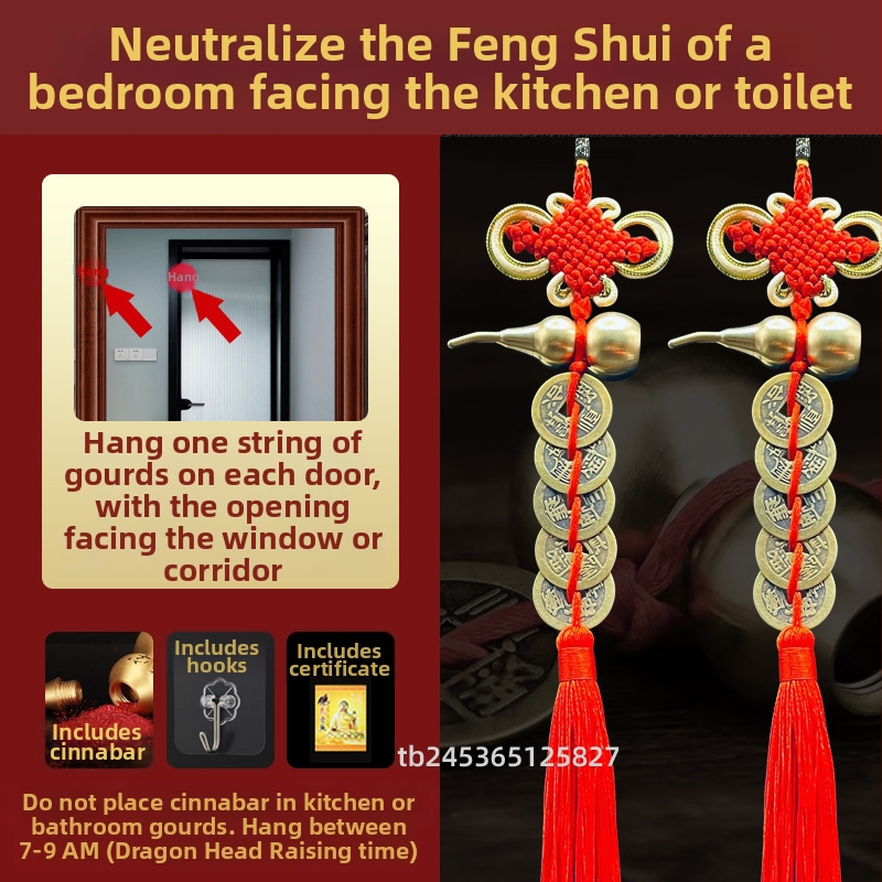 Ornament de pat din alamă, în stil chinezesc, cu motiv dovleac și pandantiv cu monedele celor Cinci Împărați