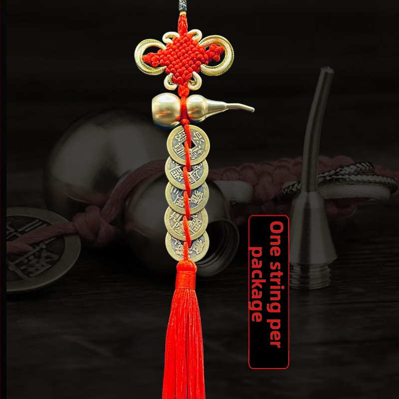 Ornament de pat din alamă, în stil chinezesc, cu motiv dovleac și pandantiv cu monedele celor Cinci Împărați