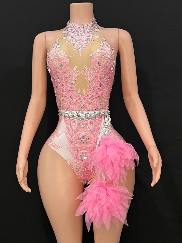 Spandexből készült testhezálló body hálóval és strasszokkal – tavasz 2024 megjelenés, fő anyag Other ≤30%, másodlagos anyag Spandex ≤30%, kivitel Nail drill