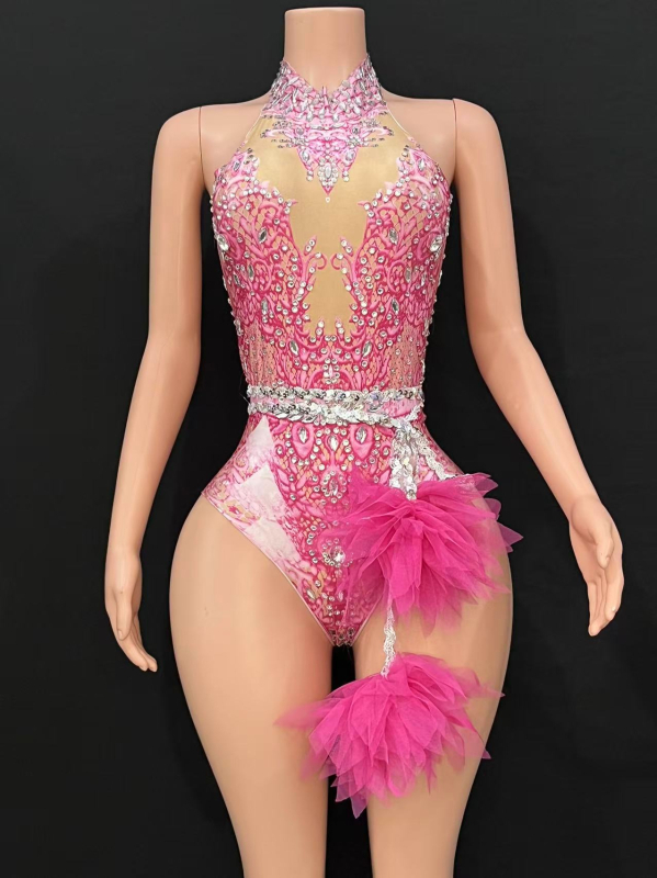 Spandexből készült testhezálló body hálóval és strasszokkal – tavasz 2024 megjelenés, fő anyag Other ≤30%, másodlagos anyag Spandex ≤30%, kivitel Nail drill