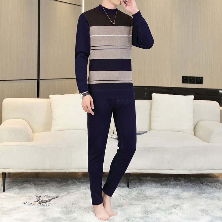 Set termic masculin din poliester cu căptușeală de fleece, iarnă, dublu strat, Bluza și Pantaloni