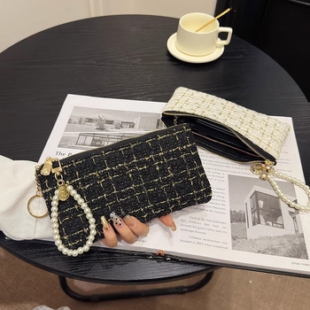 Γυναικείο σύντομο πορτοφόλι με θήκη καρτών, φερμουάρ για κέρματα, θήκη για κλειδιά και θήκη κινητού - καρό μοτίβο σε πολυεστέρα με επένδυση PU, αστικός μινιμαλισμός, μοντέλο 2025