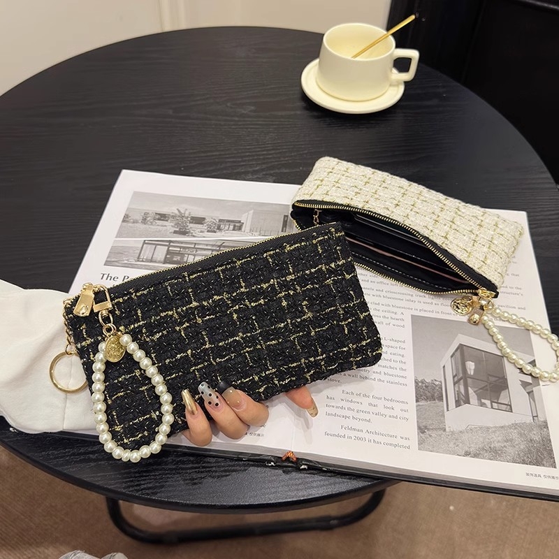 Γυναικείο σύντομο πορτοφόλι με θήκη καρτών, φερμουάρ για κέρματα, θήκη για κλειδιά και θήκη κινητού - καρό μοτίβο σε πολυεστέρα με επένδυση PU, αστικός μινιμαλισμός, μοντέλο 2025