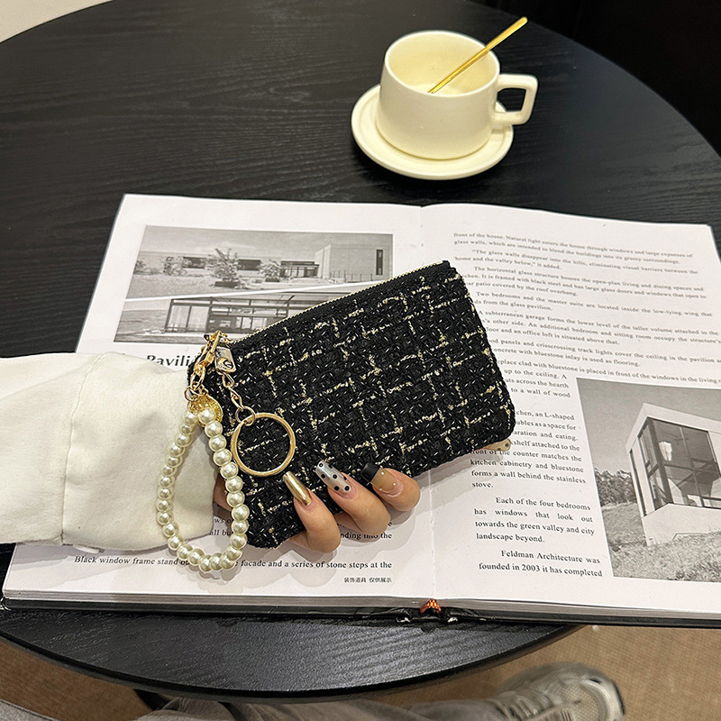 Γυναικείο σύντομο πορτοφόλι με θήκη καρτών, φερμουάρ για κέρματα, θήκη για κλειδιά και θήκη κινητού - καρό μοτίβο σε πολυεστέρα με επένδυση PU, αστικός μινιμαλισμός, μοντέλο 2025