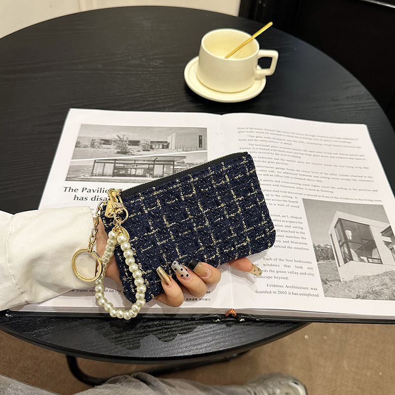 Γυναικείο σύντομο πορτοφόλι με θήκη καρτών, φερμουάρ για κέρματα, θήκη για κλειδιά και θήκη κινητού - καρό μοτίβο σε πολυεστέρα με επένδυση PU, αστικός μινιμαλισμός, μοντέλο 2025