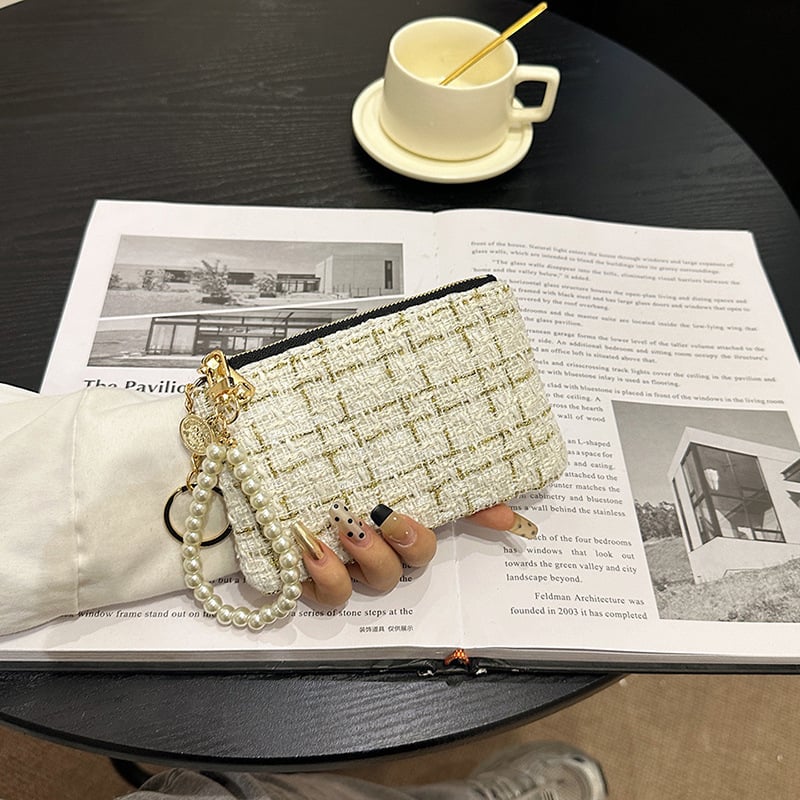 Γυναικείο σύντομο πορτοφόλι με θήκη καρτών, φερμουάρ για κέρματα, θήκη για κλειδιά και θήκη κινητού - καρό μοτίβο σε πολυεστέρα με επένδυση PU, αστικός μινιμαλισμός, μοντέλο 2025